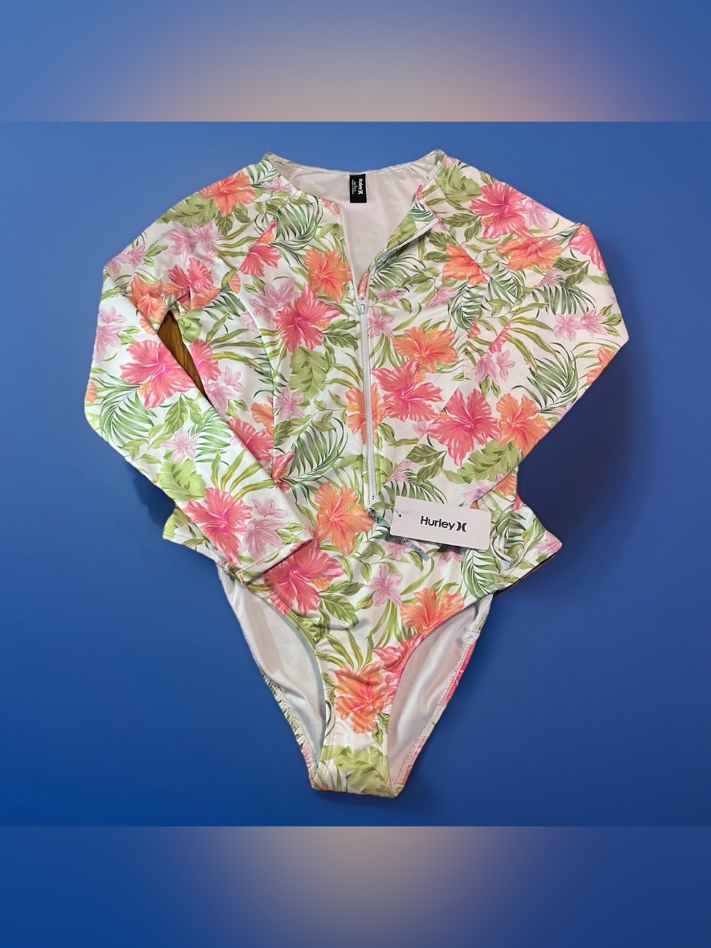 NWT Hurley Women's Long Sleeve One Piece Swimsuit XL Hibiscus Floral Rash Guard